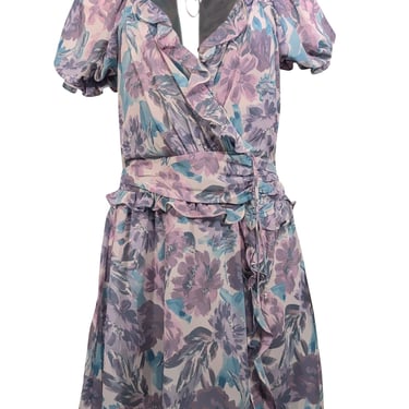 For Love & Lemons - Purple, Turquoise, & Off-White Floral Print Chiffon Mini Dress Sz M