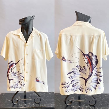 1940s Catalina Marlin Shirt / Rare Catalina Marlin Shirt /Hand Printed Back Panel Shirt / 1940s Rayon Hawaiian Shirt /Size Medium Size Large 