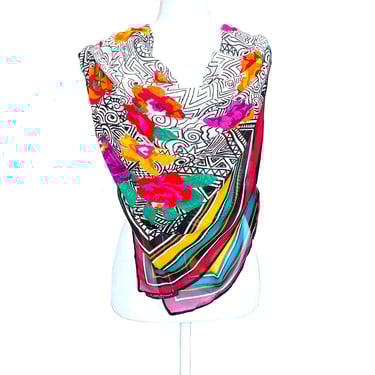 Vintage Louis Feraud Scarf, LARGE Designer Op Art Floral Print Scarf in Violet, Orange, Yellow, Green Flowers on Black and White, 57