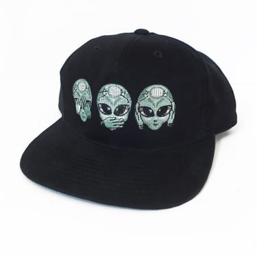 vintage snapback / 90s alien hat / 1990s Alien head UFO black cotton snapback hat cap 