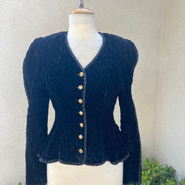 Vintage Jeanne Marc jacket peplum black velvet quilted gold polka dot trim Sz Small 8/10 