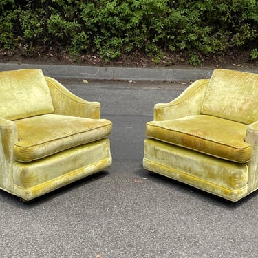 Mid-Century Yellow Crushed Velvet Club Chairs - Circa 1960s 