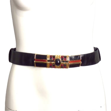 JUDITH LEIBER- 1980s Jeweled Black Reptile Skin Adjustable Belt