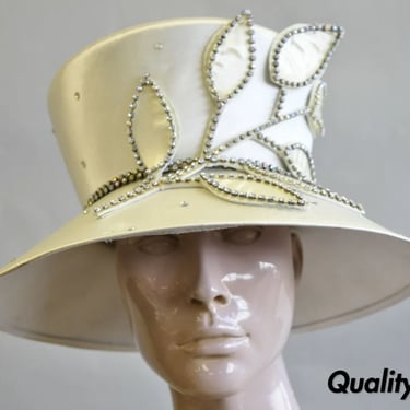 Pearl Leaf Iridescent Rhinestones Satin Church Derby Top Hat Ladies Crown