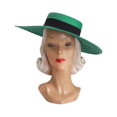 1980s Gucci Kelly Green Straw Platter Sun Hat  - 1980s Green Sun Hat - 1980s Gucci Hat - 1980s Straw Hat - 1980s Platter Hat - Designer Hat 