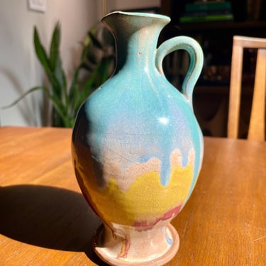 Vintage CC Cole North Carolina Rainbow Art Pottery Drip Glazed Pitcher 