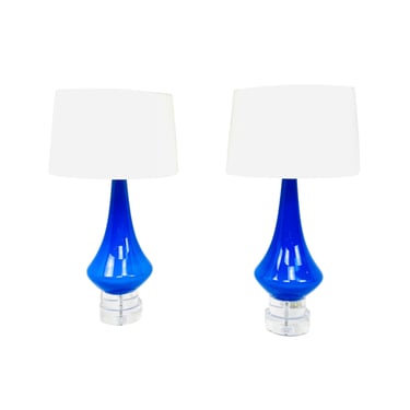 #1299 Pair of Cobalt Blue Italian Glass and Lucite Lamps