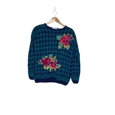 Vintage Cape Isle Blue Teal Herringbone Rose Floral Hand Knit Sweater, Size Large 