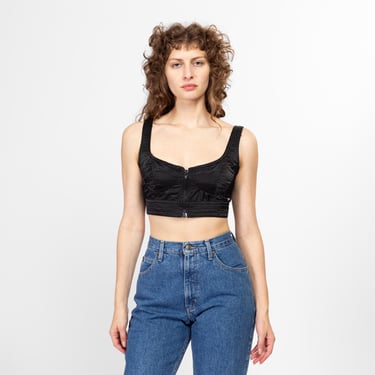 Medium 80s Bongo Black Satin Bralette | Vintage Sleeveless Zip Front Crop Top 