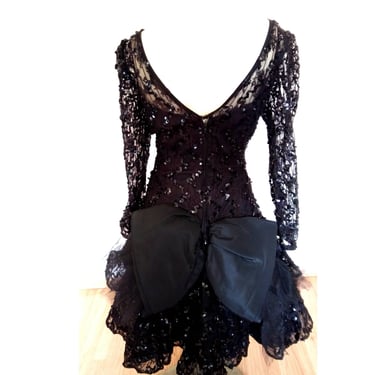 80’s PROM DRESS Julie Duroche dress big bow ruffled puffy 80's prom dress by After Five black sequin lace  party prom dress, size xs s 4 