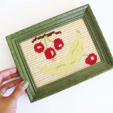 Vintage Fruit Needlepoint Art - 1970s Cherry Banana Framed Embroidery Wall Hanging - Carved Green Wood Frame - Shabby Chic Quirky Decor 