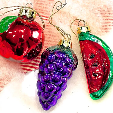 VINTAGE: 3pcs - Glass Fruit Ornaments - Apple, Grapes, Watermelon Blown Figural Mercury Glass Ornament - Christmas - SKU 00015889 