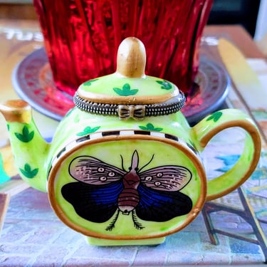 Miniature Porcelain Teapot~Dragonfly, Hand painted Green Tea Server~Mini Teappot Vintage Toy~Pretend Play~JewelsandMetals 