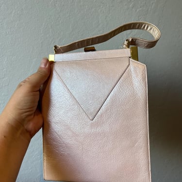 A Pink Canvas - Vintage 1950s Slender Tall Pale Pink Pearlized Leather Handbag Purse 