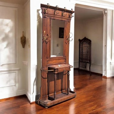 Antique French Hall Tree with Mirror, Coat Rack, Victorian, Brass, Marble, Walnut 