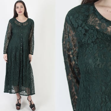 90s Forrest Green Lace Grunge Maxi Dress / Vintage Goth See Through Floral Gypsy Dress / Full Skirt Alternative Festival Long Dress 