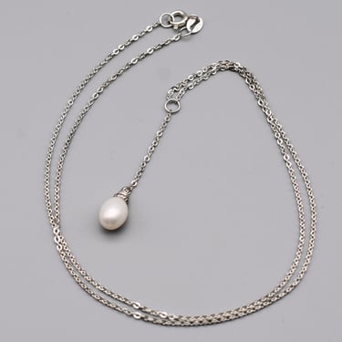 Minimalist 90's sterling pearl Y pendant, elegant simple NVC 925 silver oval white pearl necklace 