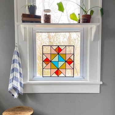 Stained Glass Barn Quilt Geometric / Handmade Multi Color Suncatcher Purple Blue Green Red Amber Clear Window Panel 16 x 16 16" x 16" 