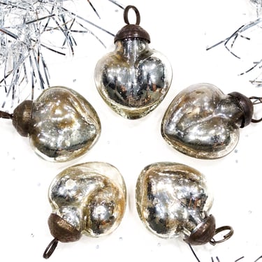 VINTAGE: 5pc Small Aged Mercury Glass Heart Ornaments - Silver Heart Pendants - Kugel Style Christmas Ornaments - SKU os-176-00032480 