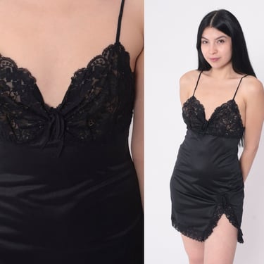 Black Lace Slip Dress 80s Mini Side Slit Nightgown Lingerie Nylon Vintage Deep V Neck Empire Waist Spaghetti Strap Small S 