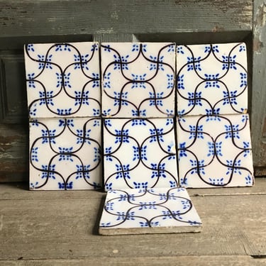 19th C French Tile Frieze, Pas de Calais Desvres, Indigo, Black, Terra Cotta, Clay, French Farmhouse Cuisine, Set of 7 