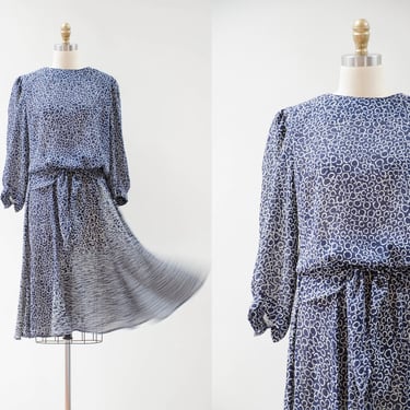 navy blue polka dot dress | 80s vintage blue white flowy chiffon knee length dress 