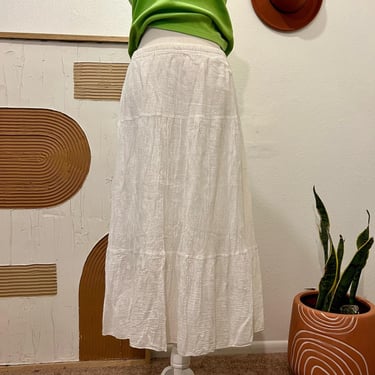 Vintage Y2K White Cotton Tiered Festival Layering Midi Skirt USA made L 