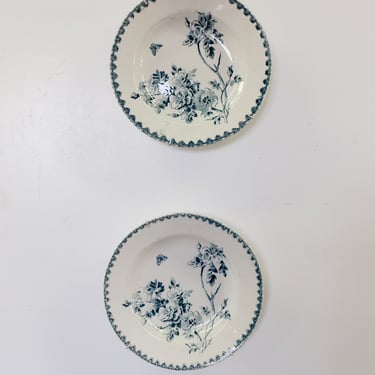 antique French transferware creuse plate set with display