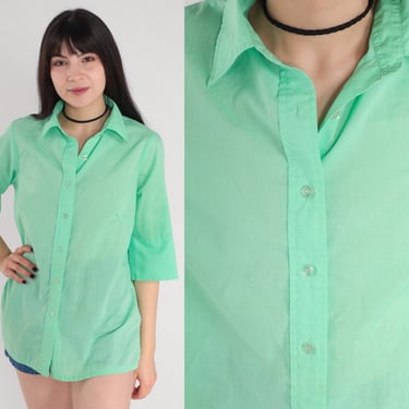 Mint Green Blouse 70s Button Up Shirt Retro Plain Simple Short Sleeve Top Preppy Basic Button Down Minimal Seventies Vintage 1970s Medium M 