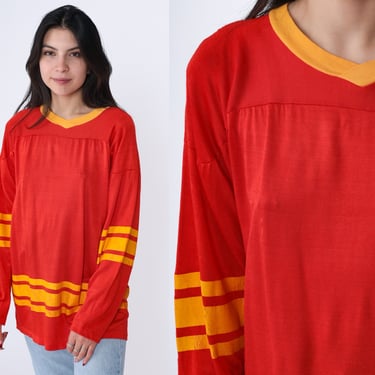 70s Hockey Jersey Shirt Red Yellow Striped Shirt Long Sleeve Tee Sports Athletic V Neck Tshirt Vintage 1970s Small Medium 