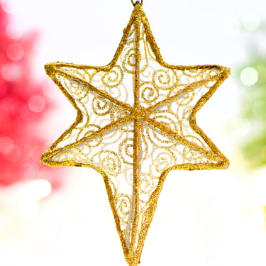 VINTAGE: Wire Gold Glittered Mesh Christmas Star Ornament - Holiday, Christmas - SKU Tub-397-00034869 