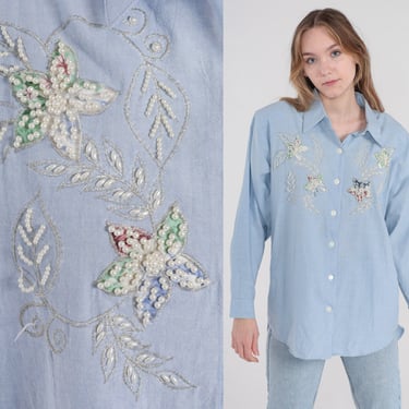 Beaded Floral Top 90s Blue Button Up Shirt Pearl Flower Print Blouse Retro Long Sleeve Cotton Chambray Vintage 1990s Bobbie Brooks Medium M 
