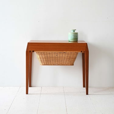 Severin Hansen Vintage Teak Sewing Table with Woven Rattan Shelf, 1960s Scandinavian Design 