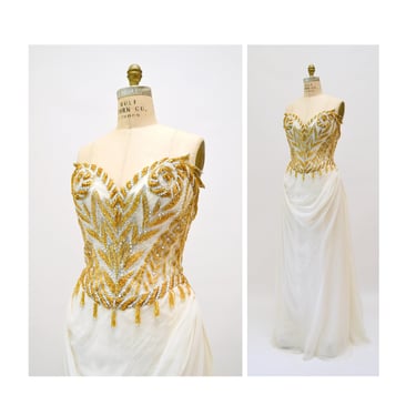 80s 90s Vintage Gold White Ivory Beaded Fringe Strapless Gown Dress Small Silk Neiman Marcus// Vintage Wedding Dress Strapless Grecian Gown 