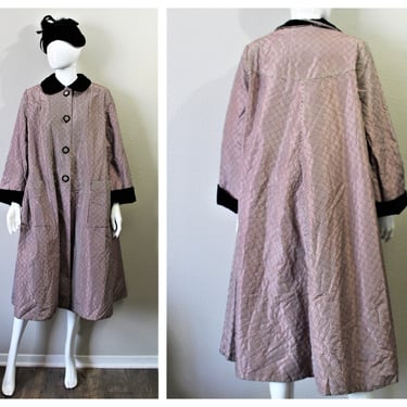 Vintage 1940s 50's Iridescent Quilted Taffeta and Velvet black hot pink lining Swing Coat  //  Roell Original // One Size 
