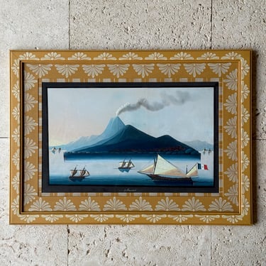 19th C. Neapolitan Gouache of the View of Vesuvius by Day I Circa 1830 in Yellow Gusto Painted Frame II