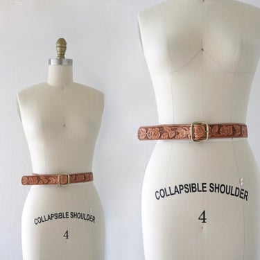 hand tooled leather belt - vintage 60s 70s tan beige brown unisex mens womens handmade boho hippie belt 