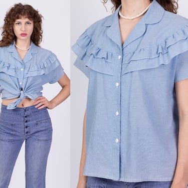 80s Chambray Ruffled Blouse - Extra Large | Vintage Graff Blue Short Sleeve Button Up Shirt 