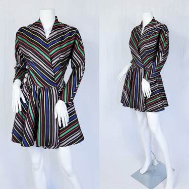 1950's Black Taffeta Mitered Rainbow Striped Peplum Dress I Jacket I Sz Sm I Maxan 