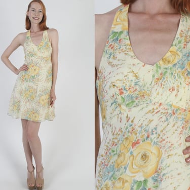 Summer Prairiecore Halter Dress / 70s Vintage Floral Prairie Style / Picnic Open Back Mini Sundress 