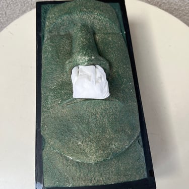 Vintage kitsch tissue box black Tiki Moai god theme faux green stone size 10” x 5” x 4” 