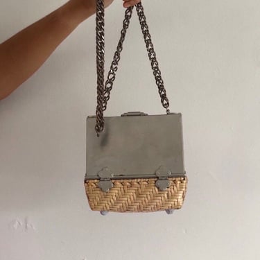 60s silver + wicker hardcase purse / vintage woven wicker + silver long silver chain crossbody shoulder miniaudiere purse bag 