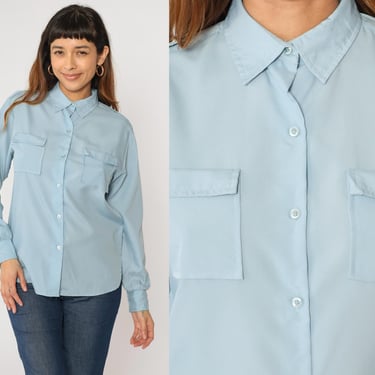 80s Blue Blouse Long Roll Tab Sleeve Top Vintage Plain Button Up Shirt Collared 1980s Chest Pocket Basic Solid Medium 