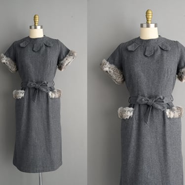 vintage 1950s gray fur winter wool holiday dress - Large XL 