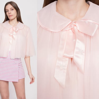 1950s Vanity Fair Baby Pink Bed Jacket - Medium | Vintage Boho Satin Trim Peignoir Loungewear Top 