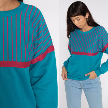 Striped Teal Sweatshirt -- 80s Retro Sweatshirt Crewneck Slouchy Pullover Vintage 1980s Shirt Slouch Top Small S 