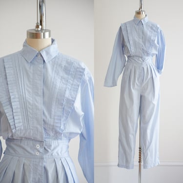 pastel blue jumpsuit 80s vintage cottagecore cotton long sleeve jumpsuit 