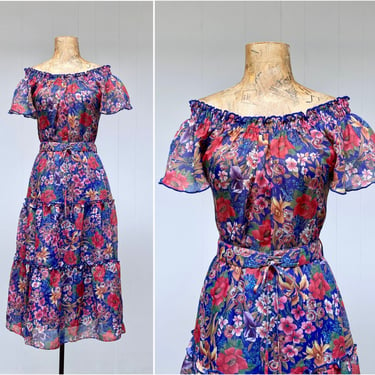 Vintage 1970s Dress, Floral Polyester Chiffon Tea Length w/Bias Cut Skirt, Boho Gypsy Style, Med-Large VFG 