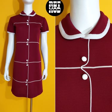 Chic Vintage 60s 70s Maroon White Grid Knit Mod Shift Dress with Collar 