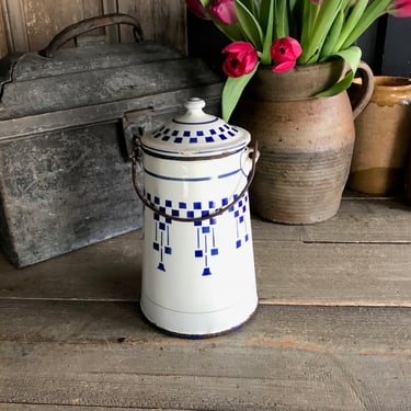 French Enamel Café Coffee Tea Pot, Lidded, Blue Lustucru, Blue White Check, Wire Handle, French Farmhouse Decor 